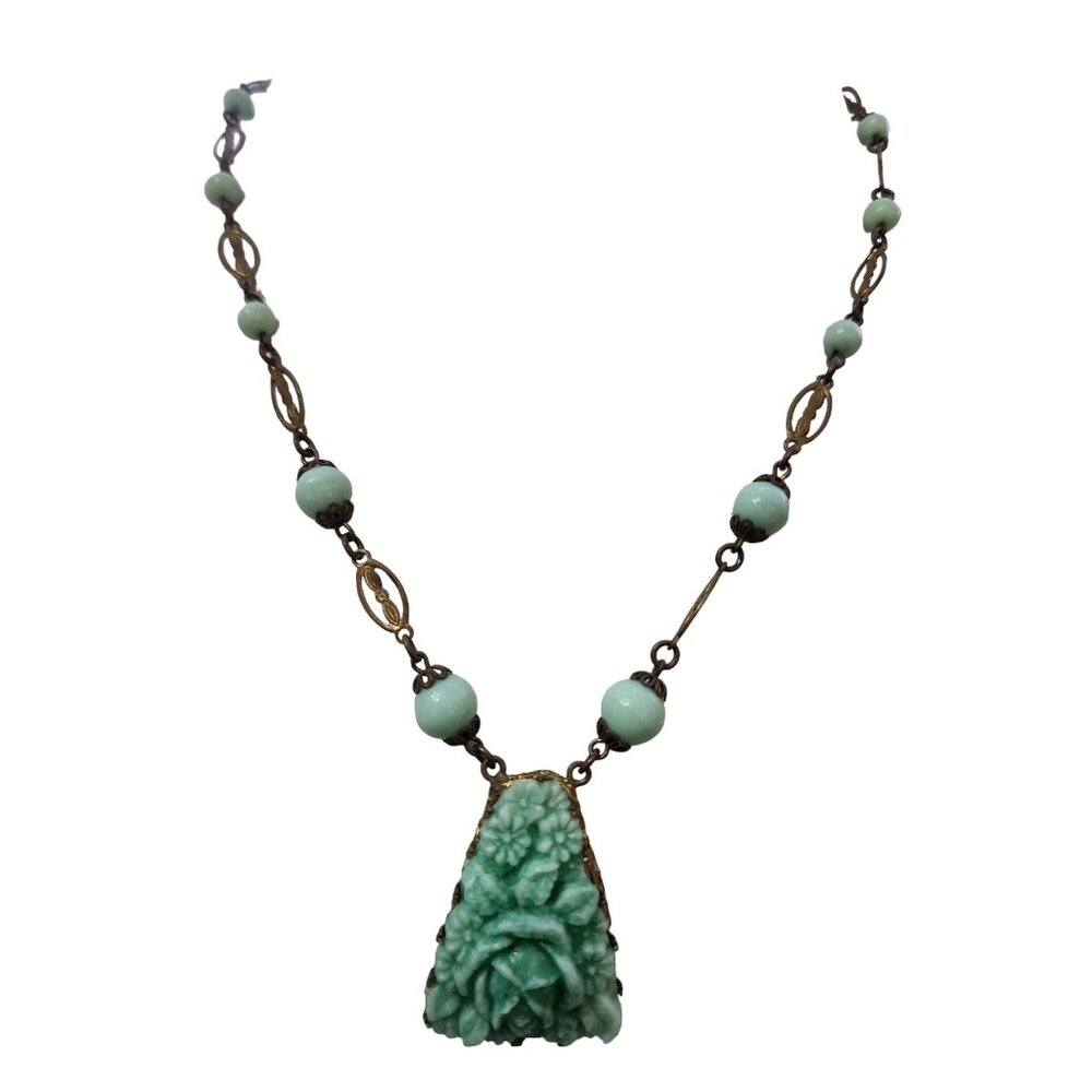 Antique Art Deco Molded Glass Flower Necklace (A4066)